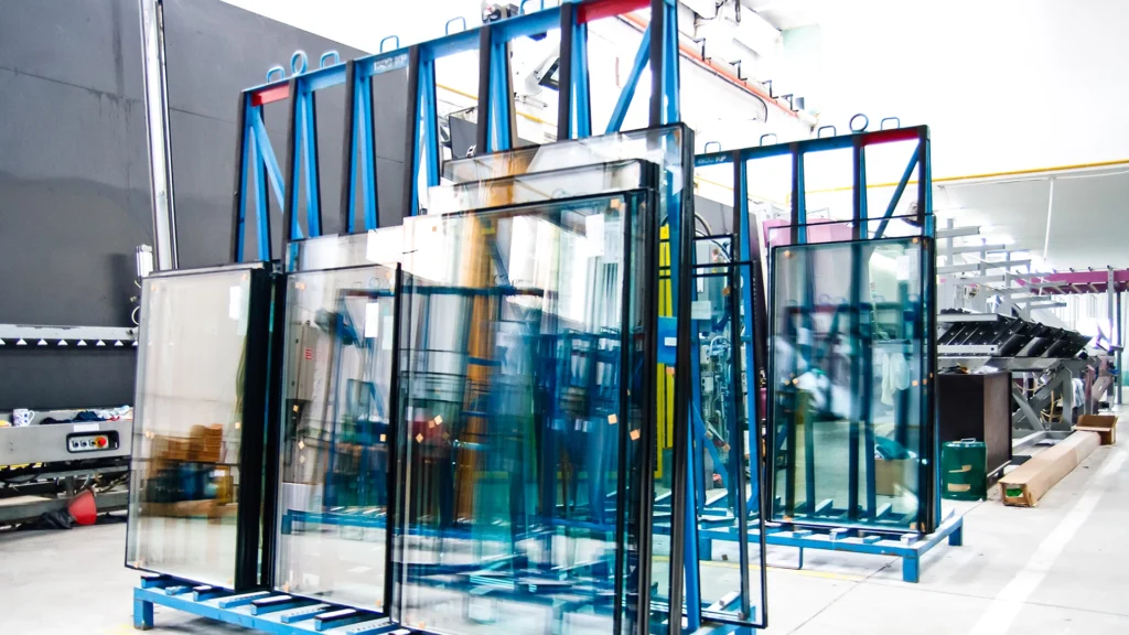 Große Glasscheiben, ideal für diejenigen, die Isolierglas kaufen möchten, sind vertikal auf blauen Metallregalen in einer hell erleuchteten Industrieanlage gelagert, wobei verschiedene Maschinen und Materialien im Hintergrund zu sehen sind. Isolierglas Velbert-Neviges - Wuppertal