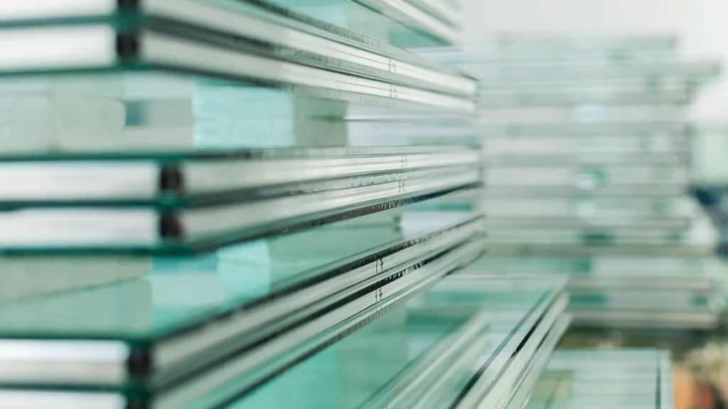 Nahaufnahme von gestapelten Glasscheiben, die ihre transparenten Kanten und glatten Oberflächen betonen. Die moderne, industrielle Anmutung zeigt die Präzision - die perfekte Inspiration, wenn Sie Einbruchschutzglas für mehr Sicherheit in Wuppertal kaufen möchten.