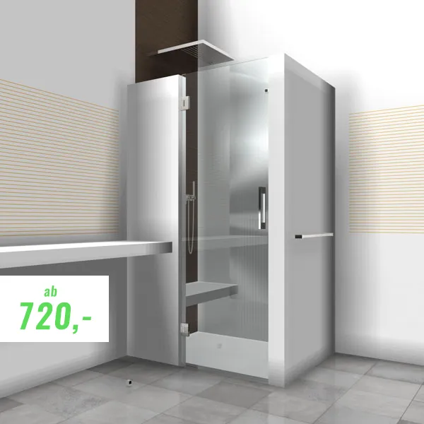 Moderne Glasduschkabine von Gräfe Glas Wuppertal mit eingebautem Sitz und Kopfbrause; sie hat einen Metallgriff und steht in einem gefliesten Bad. In der unteren linken Ecke ist ein Preisschild mit der Angabe ab 720,- angebracht.