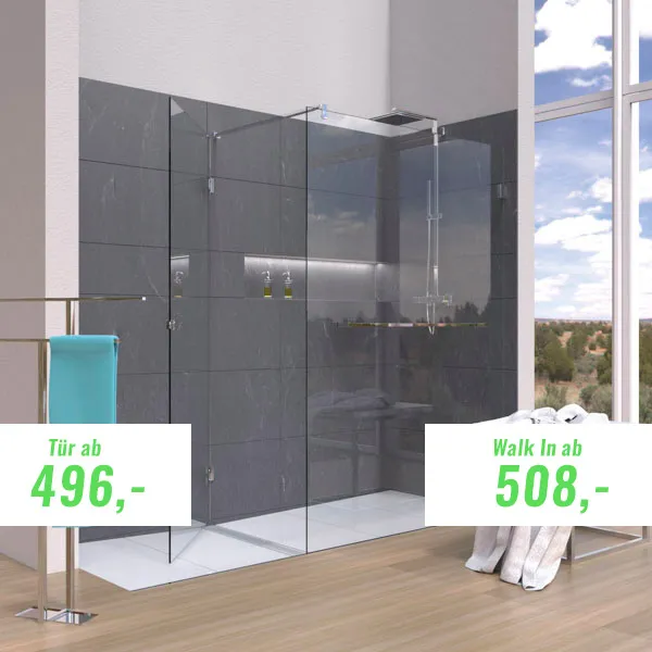 Modernes Badezimmer mit einer großen begehbaren Glasdusche, dunkelgrau gefliesten Wänden, eingebautem Regal und einem stilvollen Duschkopf. Preisschilder zeigen: Tür ab 496,- und Walk In ab 508,-. Ein Handtuch hängt an einer Ablage in der Nähe.