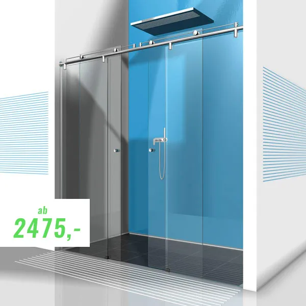 Moderne Glasdusche mit rahmenlosen Schiebetüren, einer verchromten Kopfbrause, blauer Akzentwand und dunklem Fliesenboden. Auf dem Preisschild in der Ecke steht ab 2475,- in grüner Schrift.