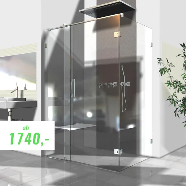 Moderne Glasdusche mit einer an der Decke montierten Regendusche, schlanken Armaturen und einer Pflanze in der Nähe. In der unteren linken Ecke ist ein grünes Preisschild mit der Angabe ab 1740,- angebracht.