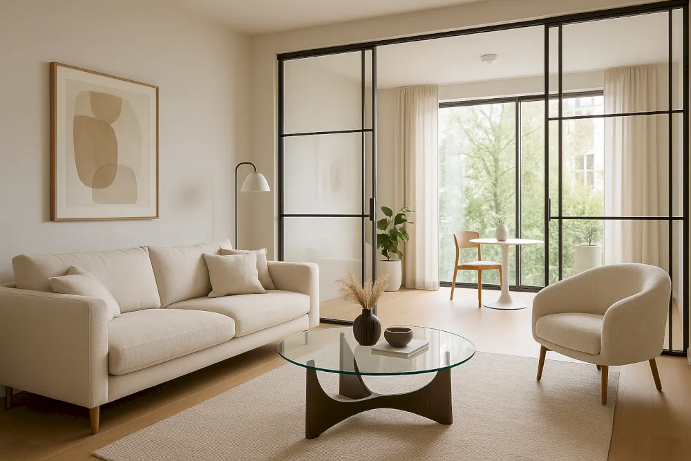 Ein modernes Wohnzimmer mit einem beigen Sofa, einem Couchtisch aus Glas und einem Sessel. Große Fenster und Glasanlagen-Schiebetüren lassen viel natürliches Licht herein. Minimalistisches Dekor mit abstrakter Kunst, einer Stehlampe und einem Essbereich im Hintergrund.