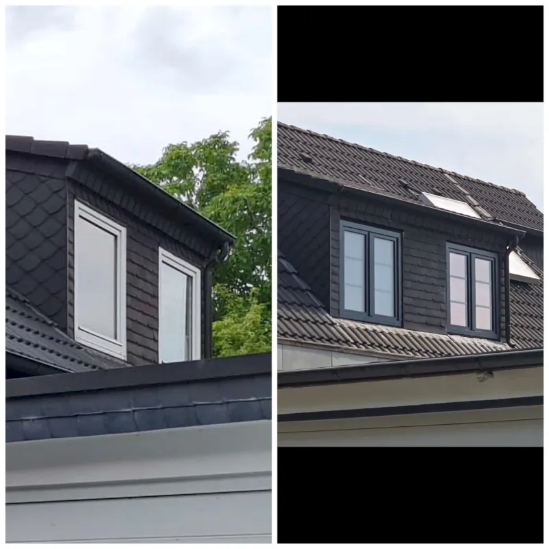 Gegenüberstellung einer Hausgaube vor und nach der Renovierung in Wuppertal; links die alten weißgerahmten Glasfensterscheiben, rechts die modernen schwarzgerahmten Fenster mit den neuen Dachschindeln.