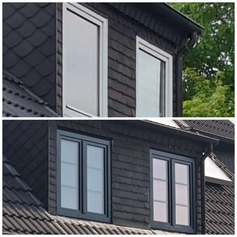 Zwei nebeneinander liegende Ansichten von Dachgauben mit Glasfensterscheiben auf einem dunklen Ziegeldach in Wuppertal; die obere Ansicht zeigt Fenster ohne sichtbare Beschläge, während die untere Ansicht ähnliche Fenster mit zusätzlichen horizontalen Griffen zeigt. Grüne Bäume füllen den Hintergrund.