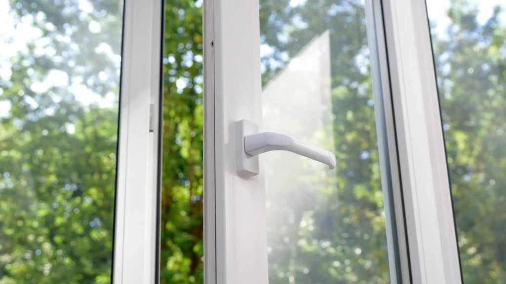 Ein weißer Fenstergriff an einem offenen Fenster mit Isolierglas-kaufen, grün belaubten Bäumen, die draußen im Weichzeichner sichtbar sind und natürliches Licht hereinlassen. Düsseldorf Isolierglas